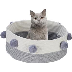 Relaxdays kattenmand, katten & kleine honden, H x Ø: 16,5 x 41 cm, pompons, katoen, gevlochten kattenbedje, grijs/wit
