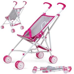 Milly Mally Julia Poppenwagen, inklapbaar, voor meisjes vanaf 3 jaar, met schuimwielen en riemen, Prestige Pink Pink Pink