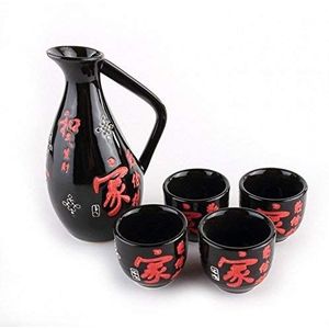 lachineuse - Sakura Sake Set - Kersenbloesem - Met 4 Kommen & Karaf - Japanse Sake Glazen - Cadeau Aziatisch Servies - Traditioneel Porselein Japanse Bloemen Sake Service - Zwart & Rood