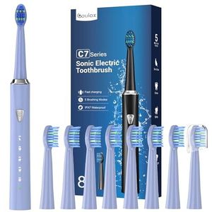 Elektrische ultrasone tandenborstels voor volwassenen en kinderen, elektrische tandenborstel met 8 borstelkoppen, 5 modi, IPX7, waterdicht, elektrische ultrasone tandenborstels, lichtpaars