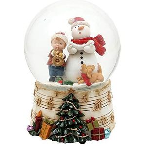 Dekohelden24 Sneeuwbol - sneeuwpop met kind en trompet - op voetstuk met muzieknoten en speelwerk, melodie: Oh du vrolijk, afmetingen H/B/bal: 14,5 x 10,5 cm 10 cm. 501869