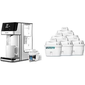 Philips Waterstation, dispenser voor gefilterd heet water, inhoud 2,2 liter & Philips Water Vervangende filterpatronen Verzachting+, 6-pack, Brita-compatibel, tot 50% meer waterhardheidsvermindering