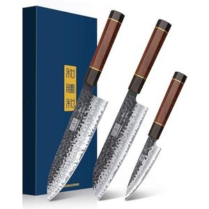 HOSHANHO Keukenmessenset, 3-delige Japanse messenset van hardstaal, koksmes, Santoku-mes, schilmes, ergonomische handgreep van palissander