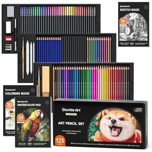 Shuttle Art Professionele tekenset, 123-delige tekenpotloden, incl. kleurpotloden, aquarel, houtskool, grafiet en schetsen, ideaal voor volwassenen, kinderen, kunstenaars