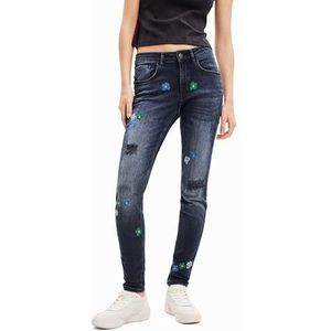 Jeans - Skinny - Blauw - Stretchstof - Rips en Geborduurde Bloemen