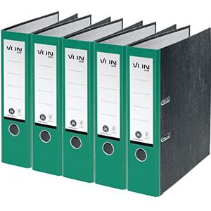 VON Ordner A4, 10531055, 100% gerecycled karton, 80 mm rugbreedte, voor 600 vellen, gemarmerd, Blue Angel & FSC-gecertificeerd, voor school, studie & huishouden, door Leitz, groen, 5 stuks