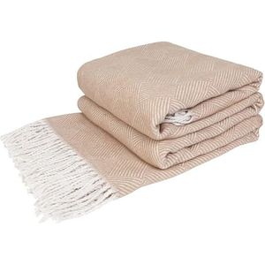 LYHome Katoenen Deken en Modieus Gestreepte Vierkanten Patroon: Plaid voor op de Bank, Bed, Sofa, voor Woondeken, Slaapdeken en als Cadeau. Zacht, Dikke Deken (140 cm x 200 cm/Beige met Wit)