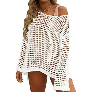 ZESICA Dames 2023 Zomer Gehaakte Uitholling Lange Mouwen Strand Bikini Badpak Mesh Cover Up Tuniek Top, Abrikoos, S