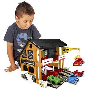 Wader 25470 - Play House autowerkplaats, speelhuis met 3 voertuigen, servicegebied, hefbrug en kraan, ca. 59 x 15 x 39,5 cm groot, vanaf 3 jaar, ideaal als cadeau voor creatief spelen
