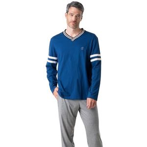 Eminence - Lange pyjama voor heren club - jersey 100% gekamd katoen - T-shirt met lange mouwen en V-hals + broek met 2 zakken - Oeko-Tex®-label Standard 100, blauw/grijs China, S