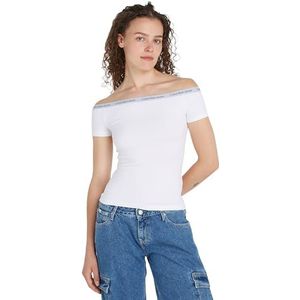 Calvin Klein Jeans Elastische Bardot-top met logo voor dames Overig gebreid, Helder Wit, XS