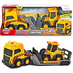 Dickie Toys - Volvo Truck Team, bouwplaats, zandbak speelgoed, vrachtwagen met aanhanger, 32 cm, wiellader 9 cm met schep, 32 cm, opklapbaar, licht en geluid, voor kinderen vanaf 3 jaar