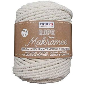 GLOREX 5 1007 11 - Macramé-touw gedraaid crème, 500 g met een dikte van 5 mm en een lengte van 85 m, superzacht textielgaren voor haken, breien, knopen en textielontwerp