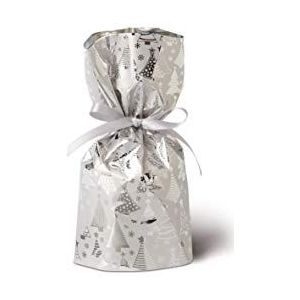 BSB Cadeautas, cadeauzakje Kerstmis zilver met dennenpatroon (groot)