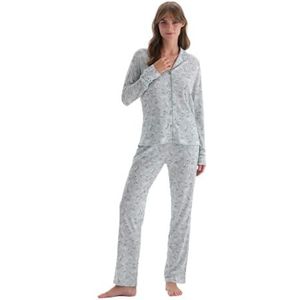 Dagi Dames shirt met lange mouwen kraag bloemenpatroon gebreide pyjama pak pyjama set, Turkoois, XL