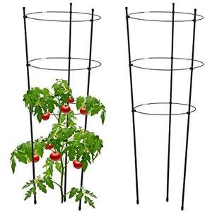 Relaxdays plantensteun set van 2, metaal & kunststof, 76 cm hoog, 3 verstelbare ringen, klimplantensteun tomaten, zwart