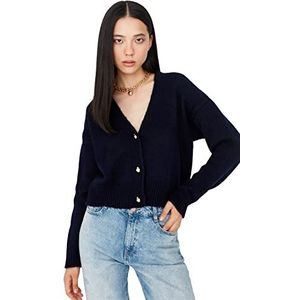 Trendyol Dames V-hals Plain Regular Cardigan Sweater, Marineblauw, L, marineblauw, L