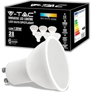 V-TAC 6 x GU10-4,5 W ledlampen (komt overeen met 35 W) – 400 lumen – hoge helderheid – GU10 led-spot voor maximale efficiëntie en energiebesparing – warm wit licht 3000 K