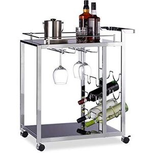 Relaxdays keukentrolley BARON, glas, design, wijnrek voor 6 flessen, metalen serveerwagen, HxBxD: 75 x 40 x 70 cm, zwart
