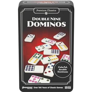 Goliath - DOUBLE 9 DOMINOS, Klassiek familiebordspel voor kinderen vanaf 5 jaar, 55 genummerde dominostenen voor 1 tot 8 spelers, Metalen reisdoos voor dominospel