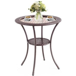 FANTASK Ronde tuintafel, eettafel van PE-rotan, terrastafel met glasplaat en plank, weerbestendige balkontafel, outdoortafel voor balkon, terras, tuin, 64 x 64 x 72 cm