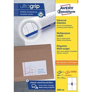 AVERY Zweckform 3483-200 universele etiketten (800 plus 80 zelfklevende etiketten extra, 105 x 148 mm op A4, bedrukbare verzendlabels, zelfklevende verzendstickers met ultragrip), 220 vellen, wit