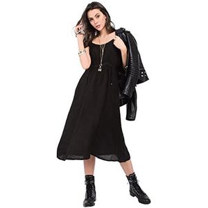 Bonateks Damesjurk, 100% linnen, gemaakt in Italië, lange jurk met bandjes met veters aan de voorkant en zakken, zwart, maat: M, Zwart, M