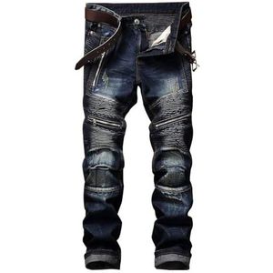 Aititia Herenjeans, biker-ritssluiting, deco, gewassen, rechte pasvorm, donkerblauw, 34