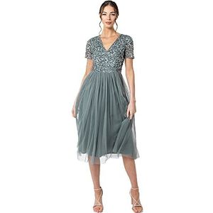 Maya Deluxe Dames Verfraaide Midi Avondjurk Dames V-hals met Korte Mouw voor Prom Bruiloft Bruidsmeisje, Misty Groen, 36