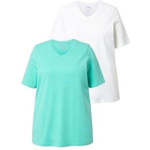 Ulla Popken - Shirt - Turquoise/Wit - 2 Pack - V-hals - Halve Mouw