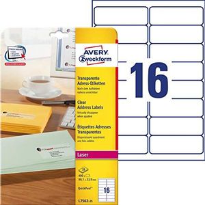 AVERY Zweckform L7562-25 Adreslabels/adreslabels (400 etiketten, 99,1 x 33,9 mm op A4, bedrukbaar, zelfklevend, voor DIN C6 enveloppen, doorzichtige polyesterfolie), 25 vellen, transparant