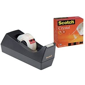 Scotch Plakbanddispenser 83980 - klassieke tafeldispenser Incl. 1 rol Scotch Crystal kleeffolie Zwart, 19 mm x 10 m