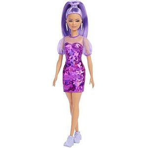 ​Barbie Fashionistas Pop 178, tenger, lang paars haar, paarse metallic jurk met doorschijnende schouders en mouwen, paarse sneakers, speelgoed voor kinderen van 3-8 jaar