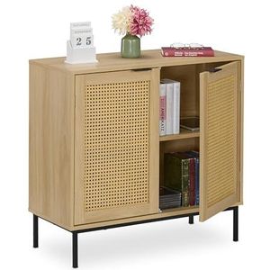 Relaxdays dressoir, 2 rotan deuren, metalen poten, HxBxD: 76x80x35 cm, woonkamer, hal, 2 vakken, kastje, natuur/zwart