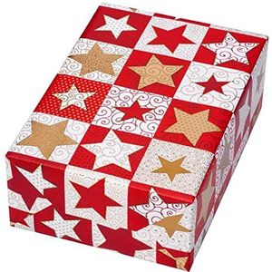 Cadeaupapier Kerstmis, motief Silent Night, 50 cm x 50 m, sterren in goud en rood op hoogwaardig 70 g/m² papier. Kerstcadeaupapier.