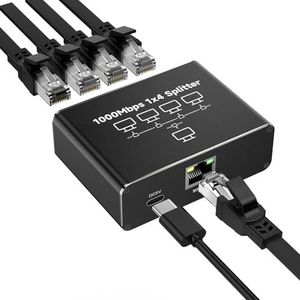GlasFlength LAN-splitter 1 naar 4 1000 Mbps Ethernet Splitter, LAN Switch 4 Port Met USB Type-C Netsnoer Gigabit Ethernet Switch Stroomkabel voor Computer Hubs Switches Router Set-Top Box Digitale TV