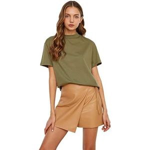 Trendyol Dames Basic Standaard Standaard T-shirt met ronde hals, kaki, XS