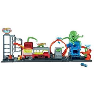 Hot Wheels City Octo Aanval in de Autowasserette speelset met waterreservoir waarmee je knoeien voorkomt en 1 auto die in water van kleur verandert, meer dan 1 meter lang, voor kids van 4 jaar, HBY96