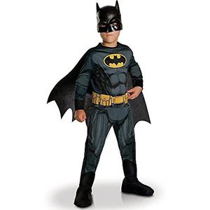 RUBIES Officieel DC Batman klassiek kinderkostuum, maat 7-8 jaar, kostuum met bedrukte jumpsuit, riem, overtrekken, afneembare cape en masker, Halloween, carnaval