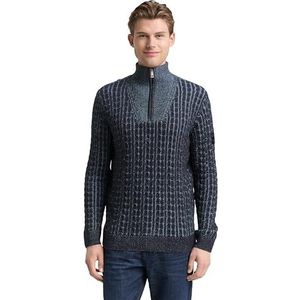 TOM TAILOR - Trui - Blauw - Geribbeld Gebreid - Halve Rits - Schipperskraag