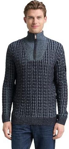 TOM TAILOR - Trui - Blauw - Geribbeld Gebreid - Halve Rits - Schipperskraag