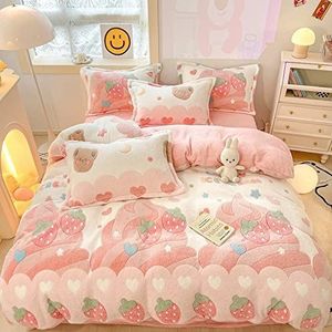 CinYana Roze aardbeien dekbedovertrekset, pluizig dekbedovertrek, Kawaii cartoon dekbedovertrek, zacht dekbedovertrek voor kinderen, queensize beddengoed set (Aardbei, koningin)