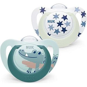 NUK Star Baby Dummy | 6-18 maanden | Dag- & Nachtfopspenen | BPA-vrije siliconen | groene krokodil | 2 tellen