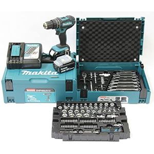 Makita DHP482JX13 draadloze klopboormachine, 18 Volt (blauw/zwart, 2x Li-ion batterij 3,0 Ah, MAKPAC, 120-delige gereedschapsset)