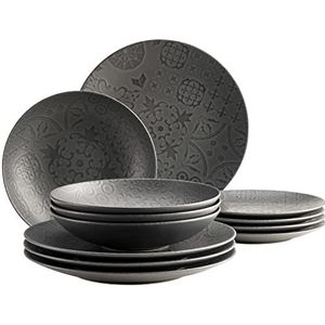 MÄSER 935076 Serie Tiles Vintage tafelservies voor 4 personen in Moorse stijl met modern matglazuur, 12-delig keramisch servies, bordenset, aardewerk, zwart