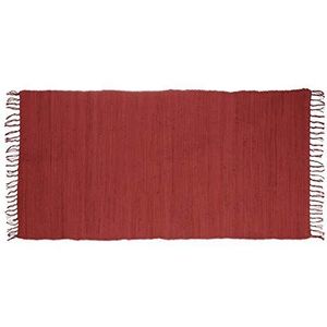 Relaxdays vloerkleed laagpolig, antislip onderkant, met franjes, effen, van katoen, BxD 70 x 140 cm, loper tapijt, rood