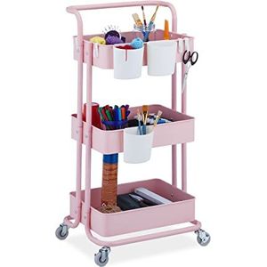 Relaxdays keukentrolley roze - trolley op wielen - serveerwagen staal - opbergtrolley