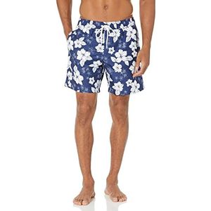 Amazon Essentials Men's Sneldrogende zwembroek met binnenbeenlengte van 18 cm, Marineblauw Hibiscusbloem, L