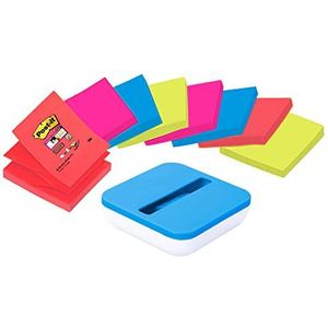 Post-it dispenser met zuignap in blauw/wit voor Super Sticky Z-Notes, praktische hulp voor kantoor en schoolwerk met 8 extra zelfklevende notitieblokken VAL-B8P 8 Blöcke blauw