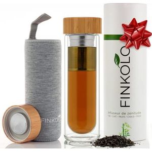 Finkolo Thermosfles met infusieglas, thermoskan voor thee, koffie, sapfles van dubbelwandig borosilicaatglas met roestvrijstalen filter, deksel van bamboe, overtrek 420 ml